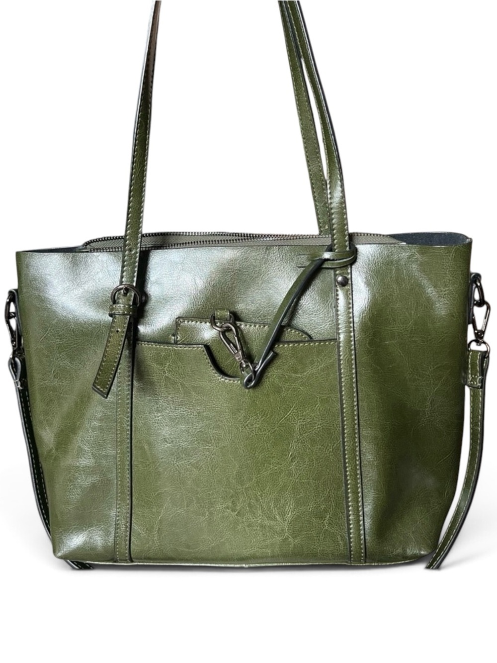 Olive Green Oil Wax Faux Leather Convertible Tote Bag Pouch